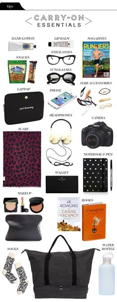 the contents of a travel bag are shown in this graphic style, including sunglasses, books and other items