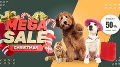 two dogs and a cat are standing in front of a christmas sale sign