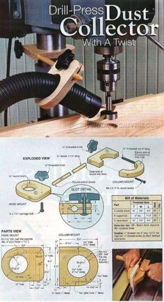 the drill press dust collector with a twister is shown in front of an instruction manual