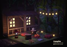 an animated image of a cabin in the woods at night with lanterns and fire pits