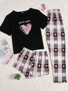 Heart & Slogan Graphic Tee & Plaid Print Shorts & Pants PJ Set / Pajama Set Multicolor Casual-Young  Short Sleeve Knitted Fabric Heart,Letter Pant Sets Medium Stretch All Women Sleep & Lounge, size features are:Bust: ,Length: ,Sleeve Length: Plus Lingerie, Comfortable Pajamas, Cute Pajamas, Shorts Pants, Womens Pyjama Sets, Print Shorts, Print Pajamas, Loungewear Set, Plaid Pants