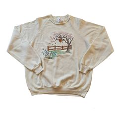 Vintage 90's Embroidered Grannycore Crewneck Sweatshirt. Size: XL Brand: JerZees Made in: USA Cute embroidered design of a tree with a bee's nest hanging off of it. Material: 50/50 cotton/ polyester Measurements Taken Laying Flat: double where necessary) Also noted in pictures Length: 26" **Chest: 22.5" **Waist:16" Condition: Good used vintage condition. No stains, holes, frays, or repairs. Some thinning from being 30+ years old. *Please examine all photos and ask questions before buying the ite Retro Embroidered Crew Neck Sweater, Retro Embroidered Cotton Sweater, Retro Cotton Embroidered Sweater, Spring Relaxed Fit Sweater With Embroidered Graphics, Vintage Embroidered Cotton Sweater, Relaxed Fit Embroidered Sweater For Spring, Vintage Crew Neck Sweater With Embroidered Graphics, Vintage Embroidered Crew Neck Sweater, Vintage Embroidered Oversized Tops