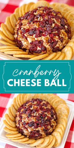 a cheese ball with cranberries and nuts in it on top of crackers