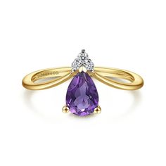 This elegant Lusso Color design by Gabriel features a pear shaped amethyst in a regal purple hue that brings life to any outfit. A trio of sparkling round diamonds, amounting to 0.03cts, adds a touch of glamour to the ring. Ring takes 2-3 weeks for Gabriel to create and will ship immediately after completion. Rush delivery available depending on style and upon request Available in 14K or 18K white, rose or yellow gold, and platinum Includes ring box Includes jewelry appraisal Ships fully insured to point of delivery All rings are fully customizable by Gabriel should you prefer slight or major changes to the style you see. Alteration possibilities include alternate color gemstones, styling or metal preference. Gabriel Jewelry, Ladies Rings, Triangle Ring, Chevron Ring, Jewelry Appraisal, Purple Hues, Amethyst Ring, Ring Ring, Ring Box