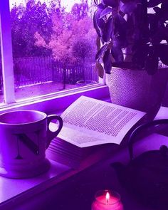 an open book on a window sill next to a candle and potted plant