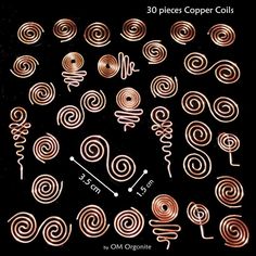 copper spirals are shown in the shape of swirls and numbers on a black background