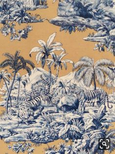 a blue and white wallpaper with palm trees, animals and other tropical plants on it