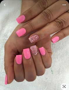 Pink Gel Nails With Sparkles, Square Barbie Nails, Barbie Dipped Nails, Nail Designs For Short Nails Pink, Pink Nails With One Glitter Nail, Pink Gel Short Nails, Nails To Match Pink Dress, Cute Barbie Nails, Pink Nails Simple Design