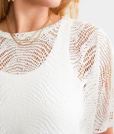 Women's Laser-Cut Top In White By Daytrip., Women's White Semi-sheer raw edge top Bust measures 44 on size small Body length 22 on size small. Layering piece(s) and/or accessories sold separately.. 97% Polyester 3% Spandex. Machine wash cold gentle cycle. Do not bleach. Lay flat to dry. Low iron if needed. Apparel & Accessories > Clothing > Shirts & Tops White Textured Tops For Spring, Chic Scoop Neck Pointelle Knit Top, White Textured Top For Spring, White Textured Spring Top, Fitted Crew Neck Blouse For Summer, Chic White Lace Top With Crew Neck, Sheer Crew Neck Blouse For Summer, Summer Crew Neck Blouse For Brunch, Summer Lace Top For Layering With Long Sleeves