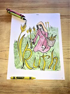 a child's drawing of a girl in the grass with crayon markers