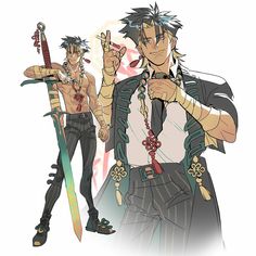 two anime characters are holding up their swords and pointing to the side with one hand