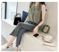 V-Neck Sleeveless Striped Office Shirt – Tomscloth Casual Stretch Blouse With Vest, Chiffon Sleeveless Top, Casual Blouse Shirts, Women Chiffon Blouse, Button Vest, Office Shirt, Designer Top, The Office Shirts, Trending Fashion