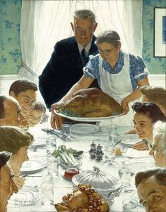 a painting of a police officer standing in front of a table full of turkeys