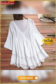 Women Fashion V Neck Lace Top Shirt Women Blouse Cotton Lace V-neck Top For Summer, Casual Beige V-neck Lace Top, Cotton V-neck Top With Lace Patchwork, Casual Beige Lace Top, V-neck, Bohemian V-neck Blouse With Lace Trim, Top Shirt Women, End Of Season Sale, Medium Length, Length Sleeve