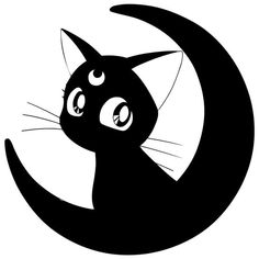 a black cat sitting on top of a crescent with its eyes wide open, looking at the viewer