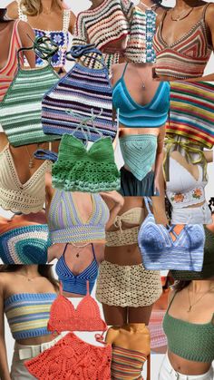 many different types of crochet clothing are shown in this collage with the same colors