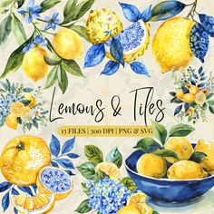 watercolor lemons and flowers clipart set with blue leaves, oranges and lemons