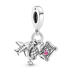 It’s time to pack your bags and add the Airplane, Globe & Suitcase Dangle Charm to your collection. 3 charms in 1, this sterling silver piece is every travel lover’s dream. Details include grooved windows on the airplane, longitude and latitude lines on the globe and a hand-applied pink enamel heart on the suitcase. Add this travel charm to your collection as a promise to plan future adventures or gift it to your globe-trotting BFF.