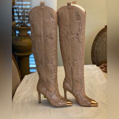 These Boots Are Regular Calf, Never Been Worn. Tag Is Still Attached. They Are A Pearly Sand/Rose Gold Color. These Were Purchased From Dillards. This Color Is No Longer Available In Store. Tall Leopard Boots Dillards Gianni Bini, Gianni Bini Boots Knee Highs, Gianni Bini Rhinestone Boots, Knew High Boots, Gianni Bini Boots, Fitted Gold Knee-high Heeled Boots, Vintage Style Heels, Elegant Gold Knee-high High Heel Boots, Rhinestone Boots