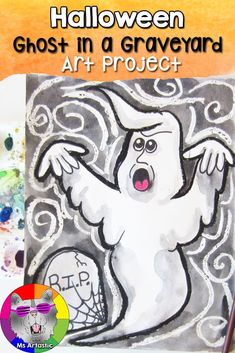 a halloween ghost in a graveyard art project for kids to paint and color with watercolors