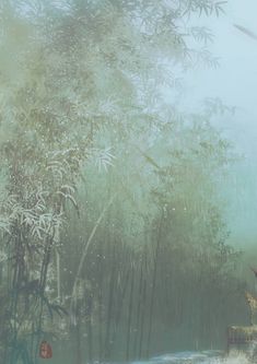 a giraffe standing in the middle of a forest filled with tall grass and trees