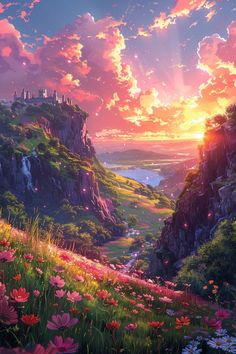 the sun is setting over a mountain with flowers in front of it and a castle on top