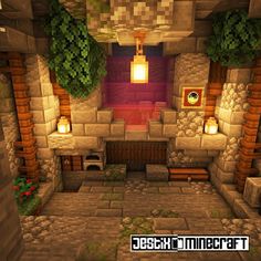 the interior of a minecraft house with stone walls and brick fireplaces, potted plants and candles