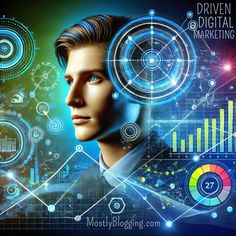 a man's head is surrounded by futuristic technology and data symbols, with the words driven digital marketing above it