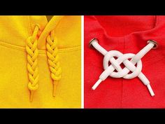 two different colored sweatshirts with white and yellow braiding on them, one red and the other yellow