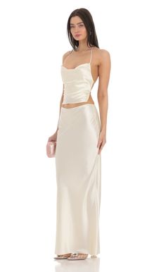 Satin Slip Two Piece Set in Ivory | LUCY IN THE SKY Halter Top Homecoming Dress, White Two Piece Outfit, Halter Tie Top, Small Skirt, White Two Piece, Hoco Dress, Fashion Dictionary, Lucy In The Sky, Satin Slip