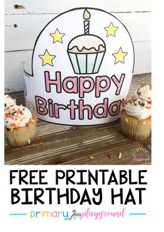 a birthday hat with cupcakes and sprinkles in front of it