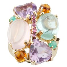 Gorgeous Mutli-Gemstone Cocktail Ring Features Amethyst, Topaz, and other Quartz Stones in Various Cuts (Cabochon, Heart-Shaped, Round, etc) Dimensions of Plaque = 31 mm Long x 21 mm Wide Total Mass = 14.2 grams Size 7.75 Gorgeous Ring! Multi Gemstone Ring, Ruby Diamond Rings, Contemporary Ring, Blue Sapphire Diamond, Gold Band Ring, Pink Gemstones, Ring Size 7, Cluster Ring, Cocktail Ring