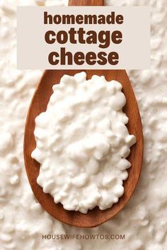 homemade cottage cheese on a wooden spoon