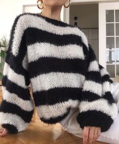 Big Fluffy Sweater, Oversized Black And White Striped Sweater, Knitted Sweaters Stripes, Chunky Wool Sweater, Striped Mohair Sweater, Knitted Mohair Sweater, Big Knitted Sweaters, Dream Clothes Sweaters & Cardigans, Knitted Striped Sweater