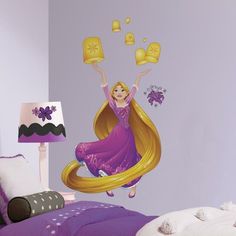 Light up an entire room with magic with these Sparkling Disney Rapunzel Giant Wall Decals by Room Mates Decor! Featuring Disney Princess Rapunzel lighting up the sky with her glowing lanterns and shimmering purple dress, these wall decals are created with real glitter giving a real sparkle in any room! A fun way to decorate any little girl’s bedroom, play spaces and more, achieve this one-of-kind look with a simple two-step application process. Just peel and stick! Remove, reposition and reuse, Disney Princess Wall Stickers, Roommates Decor, Room Mates, Affordable Wall Decor, Roommate Decor, Official Disney Princesses, Disney Princess Rapunzel, Princess Rapunzel, Tangled Rapunzel