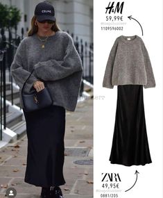 Autumn Fall 2024 Outfits, Fall Outfits With Midi Skirts, Winter Outfits With Midi Skirts, Black Maxi Dress Outfit Ideas Fall, Zara Outfit 2024 Autumn, Silk Skirt Outfit Winter, Long Skirt Outfits For Fall, Daily Aesthetic, Outfit 2023