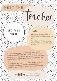 a poster with the words meet the teacher and an image of a polka dot background