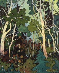 an oil painting of trees in the woods