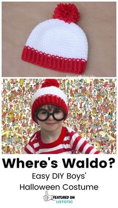 a child wearing glasses and a knitted hat with the words where's waldo?