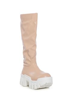 **FINAL SALE - NO EXCHANGES OR RETURNS** Check out these platform stompers! Our Lyrica boots in peachy nude are going to be your next closet staple. With a white platform sole and a nude knee-high upper, these boots are perfect for your everyday looks. These versatile shoes can be worn scrunched down or all the way up depending on the silhouette you’re going for. Platform Combat Boots, Versatile Shoes, Azalea Wang, Sandal Platform, White Platform, Plus Size Shopping, All The Way Up, Chunky Boots, Boots And Sneakers