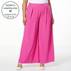 Allison Brown NY Bahamian Palazzo Pant Make a stylish statement wherever you go in these extra-wide leg palazzo pants, featuring a lightweight, flattering crepe fabric with a beautiful drapey fit, and colors that make this a versatile, all-season wardrobe piece. Elegant Wide Leg Rayon Pants, Stretch Rayon Wide Leg Pants, Elegant Wide Leg Pants For Spring, Elegant Flowy Pink Bottoms, Pink Flowy Wide Leg Bottoms, Flowy Elegant Rayon Bottoms, Elegant Wide Hem Pants For Spring, Flowy Wide Leg Pants For Spring, Spring Full Length Rayon Wide Leg Pants