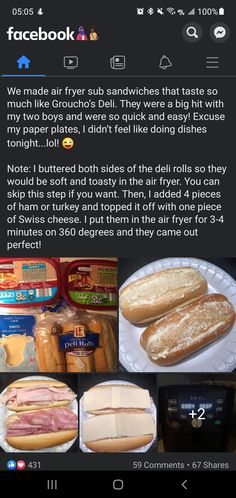 an instagram page with pictures of sandwiches and other food items on the left side