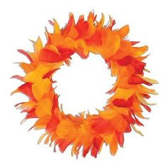 an orange and red feather wreath on a white background