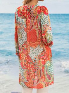 Printed V-neck Blouse For Beach Season, Multicolor Print Long Sleeve Summer Top, Summer Long Sleeve Multicolor Print Tops, Multicolor Print Long Sleeve Tops For Vacation, Multicolor V-neck Shirt For Beach, Printed Vacation Shirt For Fall, Collared Patterned Tops For The Beach, Patterned Collared Tops For The Beach, Printed Shirt For Fall Vacation