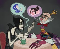 two cartoon characters sitting at a table talking to each other