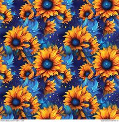 sunflowers with blue and yellow leaves on a dark background, seamlessly pattern