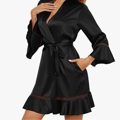 Black Silk Ruffle Hem Robe With Lace Detailing. Purchased For Bridesmaid Robe. Size Didn’t Fit Me. Size Xl. Fits A Size 12-14. Brand New With Tags And In Original Packaging. Needs To Be Steamed Or Ironed. Silk Nighty, Black Silk Robe, Silk Bathrobe, Short Kimono Robe, Very Short Dress, Kimono Robes, Satin Kimono, Night Dress For Women, Lace Silk