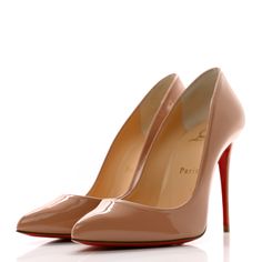 This is an authentic pair of CHRISTIAN LOUBOUTIN Patent Pigalle Follies 100 Pumps size 37.5 in Nude. These classic pumps are finely crafted of beige patent leather. They feature pointed toes, 4-inch stiletto heels, and iconic red lacquered soles. Pigalle Follies, Classic Pumps, Patent Leather, Stiletto Heels, Christian Louboutin, 4 Inch, Pumps, Heels, Red