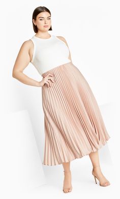 Breeze into any room with the Selena Skirt. Perfect for dressy date nights, add effortless chic style to your looks with its all over pleat details, midi length and relaxed silhouette. Key Features Include: - Elasticated waistline - All over pleat details - Pull on style - Relaxed silhouette - Lined - Midi length Team with a ruffle detailed top for feminine flair. | Plus Size Selena Skirt in Rose Gold, Size 16 | City Chic Spring Midi Dress With Accordion Pleats, Pleated Flared Skirt Midi Dress, Chic Flared Midi Dress For Work, Chic Pleated Dress For Day Out, Chic Lined Pleated Skirt For Date Night, Chic Pleated Skirt With Lined Detail For Date Night, Chic Midi Dress With Flared Skirt For Work, Flowy Midi Dress For Day Out, Chic Knee-length Pleated Dress For Spring