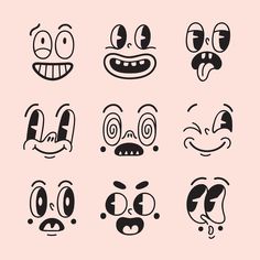 cartoon faces drawn in black and white on a pink background